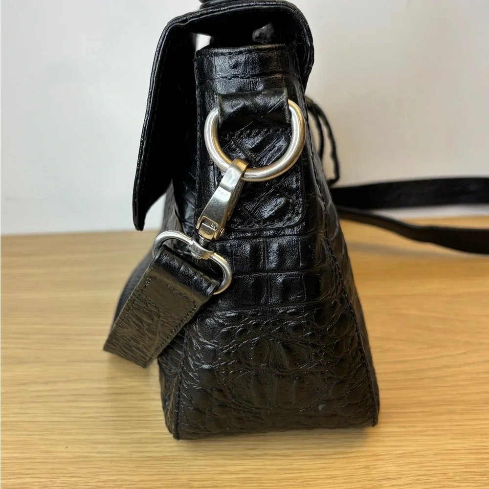 Etienne Aigner Black Croc Embossed Leather Satchel Top Handle Crossbody LIKE NEW